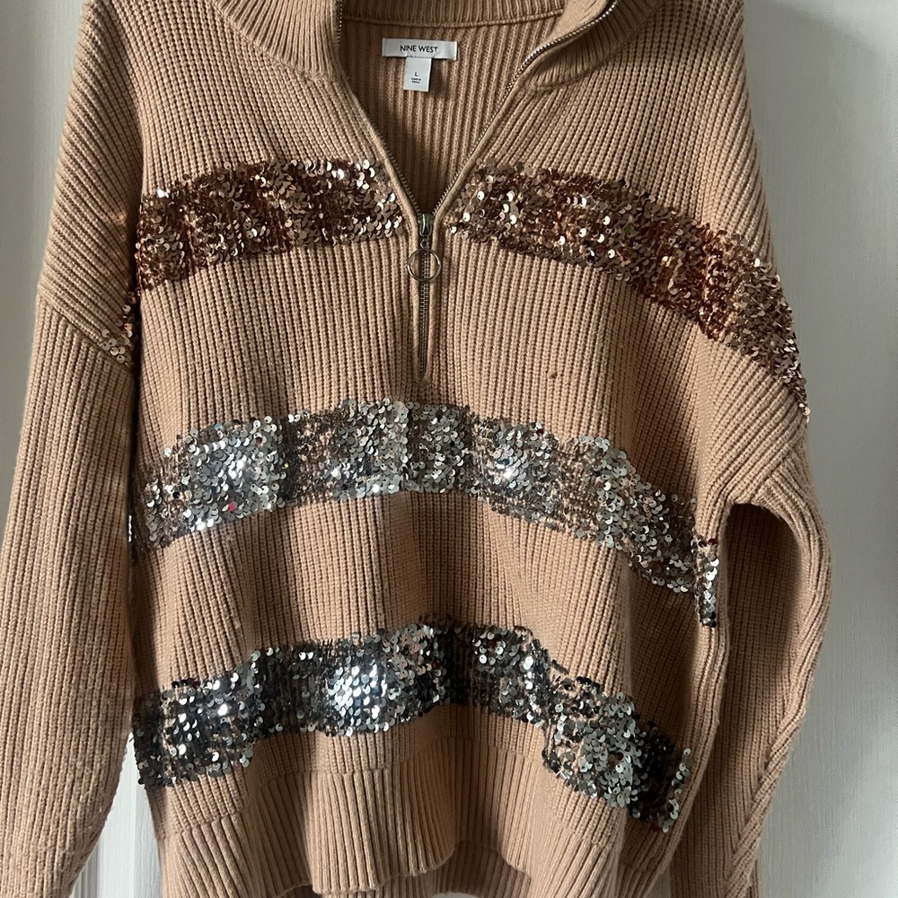 Nine West Tan and Silver Sequin Turtleneck Sweater